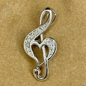 Vintage 925 Sterling Silver Rhinestone Treble Clef Design Pendant Marked MO